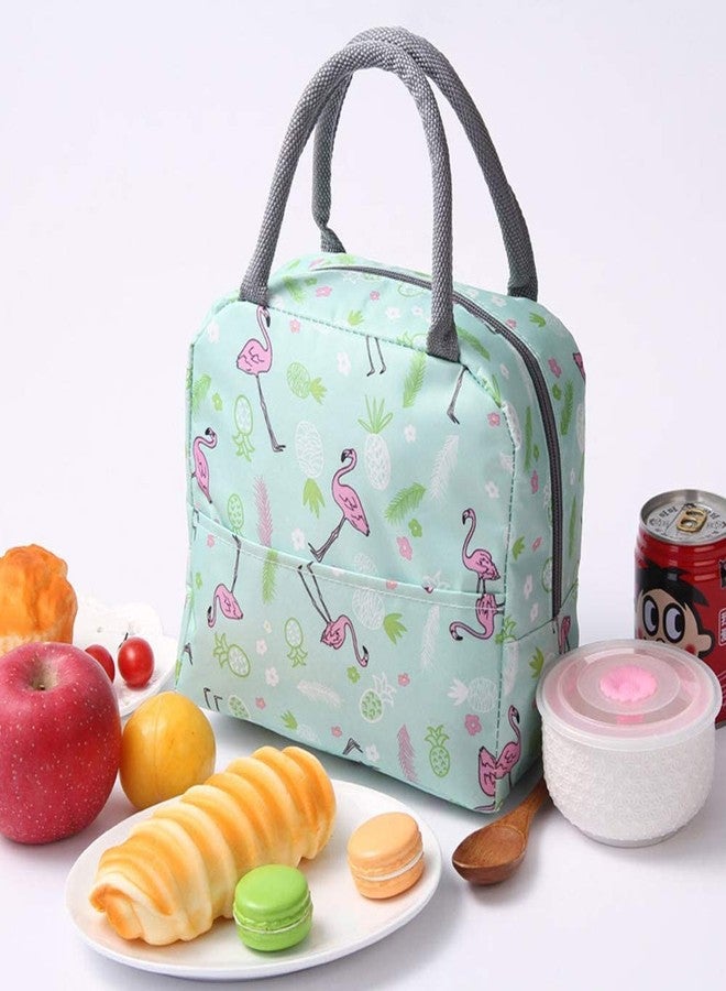 FOMQUAZLI Portable Lunch Bag Insulated Canvas Tote Travel Tiffin Bag Thermal Food Canvas Insulated Cooler Bags Thermal Food Picnic Lunch Bags Kids for School, College and Office (Flamingo Green) - Image 1